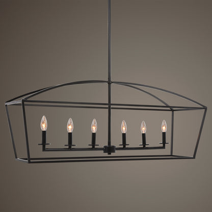 Clayton Linear Chandelier by Uttermost in weathered bronze. Made from steel in a modern style.