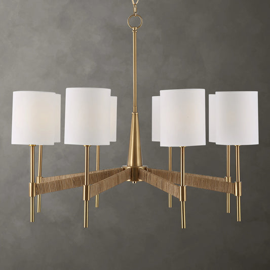 Lautoka 8 Light Chandelier by Uttermost in brass. Made from steel, rattan, fabric in a modern style.