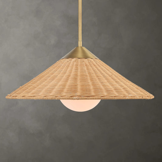 Phuvinh 1 Light Pendant by Uttermost in brass. Made from steel, rattan, glass in a cottage & farmhouse style.