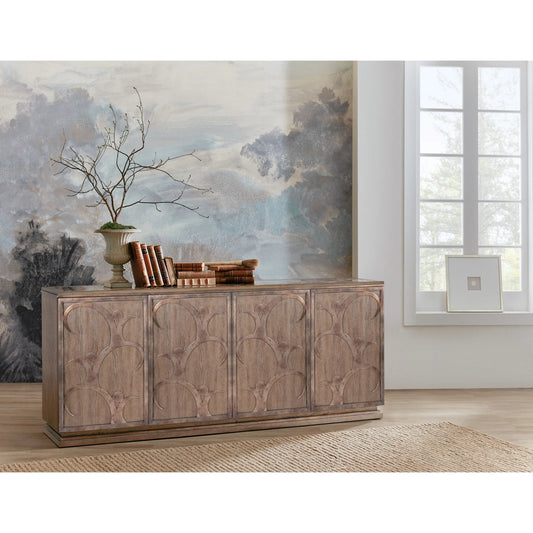 Melange Dancer Credenza by Hooker Furniture in medium wood and medium wood finish. Made from oak veneer with maple veneer, marble in a modern style.