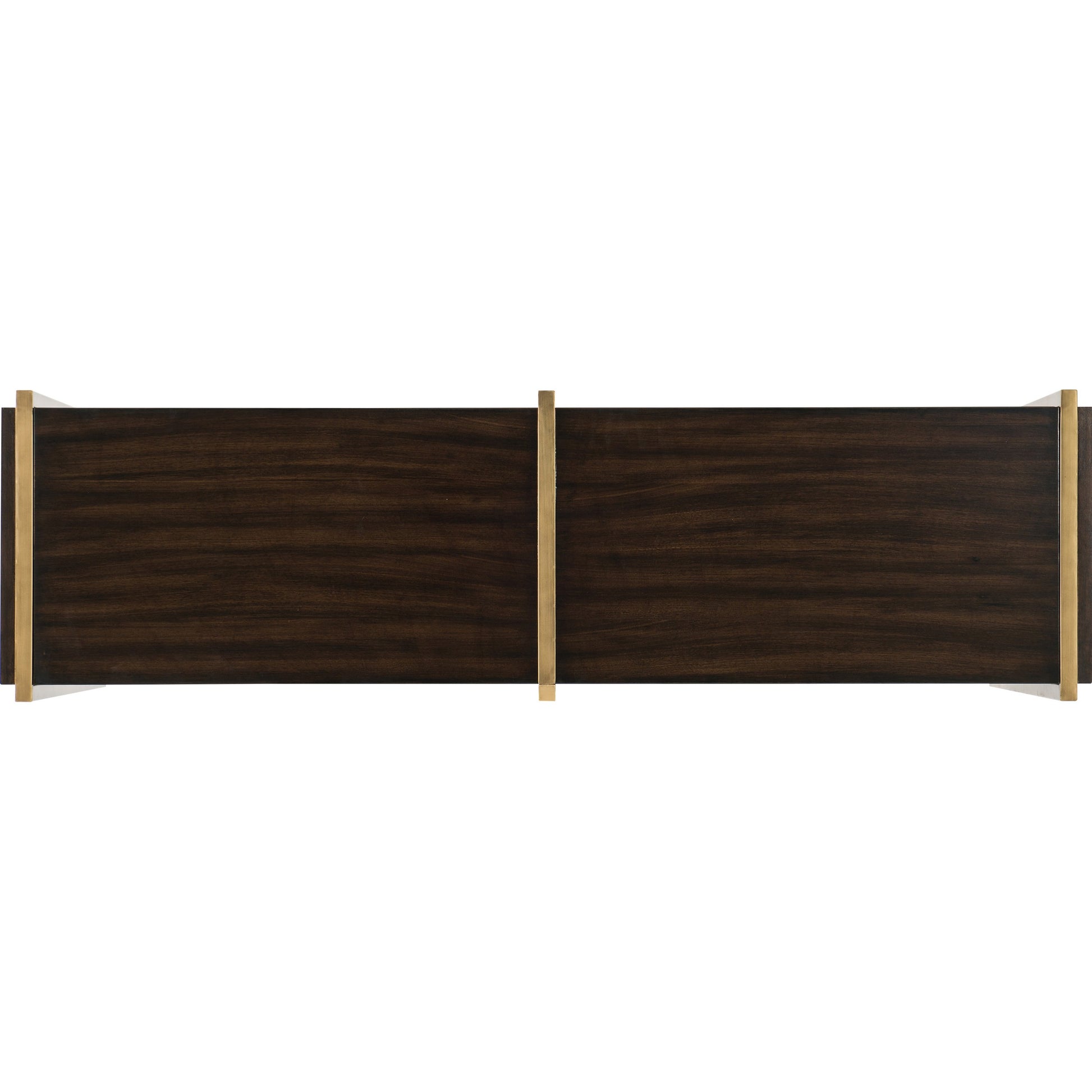 Classic Credenza by Hooker Furniture in dark walnut, matte gold. Made from black walnut veneer, metal, glass in a traditional style.