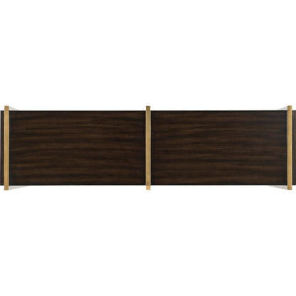 Classic Credenza by Hooker Furniture in dark walnut, matte gold. Made from black walnut veneer, metal, glass in a traditional style.