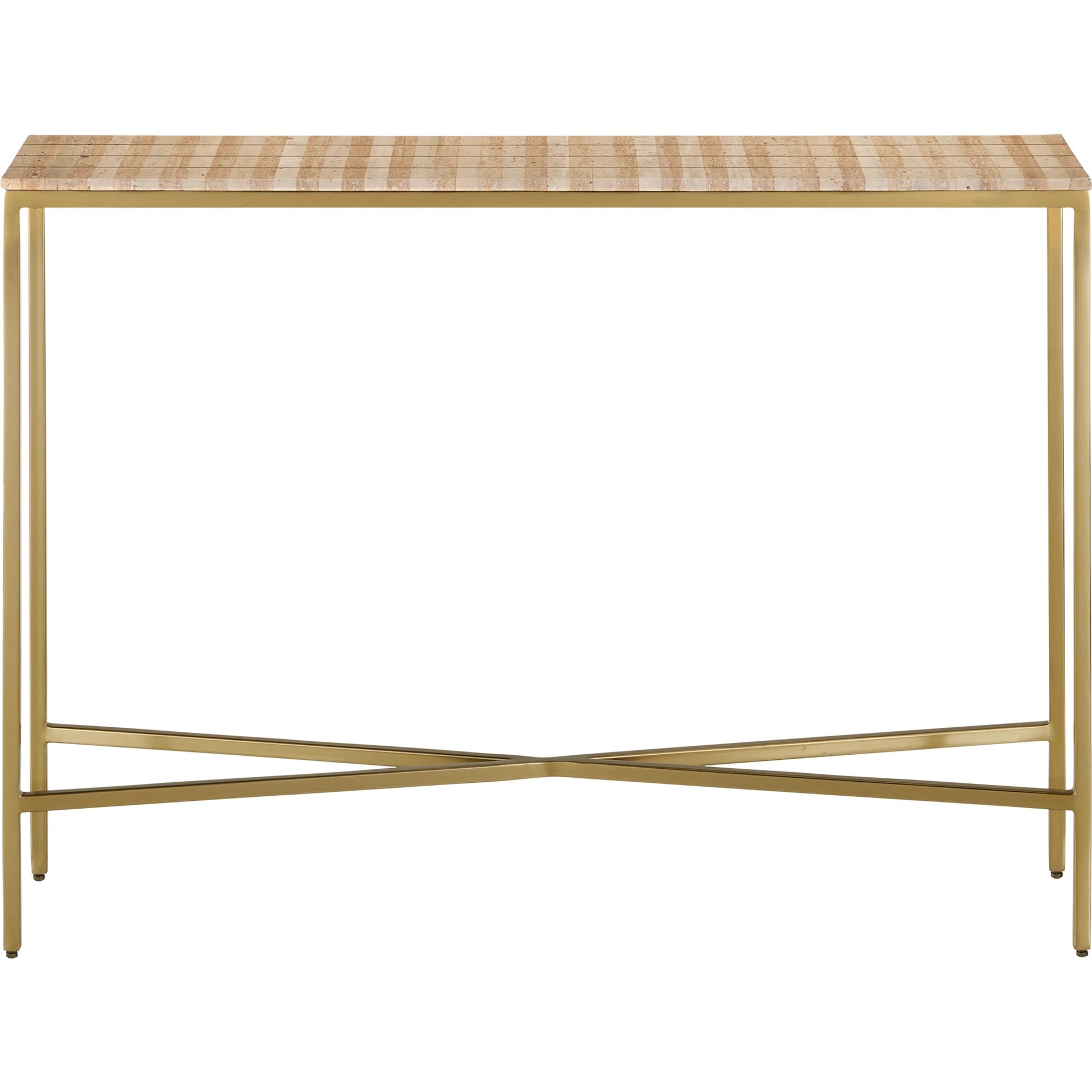 Dezi Console Table by Currey and Company in natural, brass. Made from travertine, brass, iron in a transitional style.