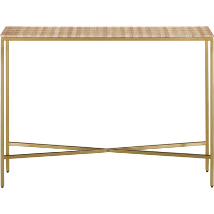 Dezi Console Table by Currey and Company in natural, brass. Made from travertine, brass, iron in a transitional style.