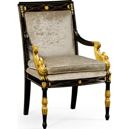 Tribeca Swan Arm Chair by Jonathan Charles in black and painted formal black. Made from acacia in a traditional style.