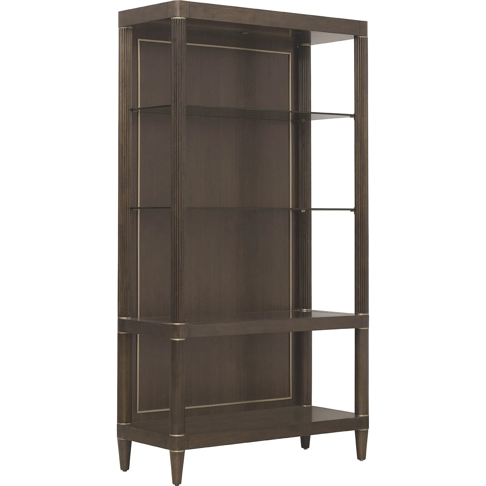 Asher Park Open Shelf Etagere by Pulaski Furniture in piano brown. Made from eucalyptus veneers in a unique style.