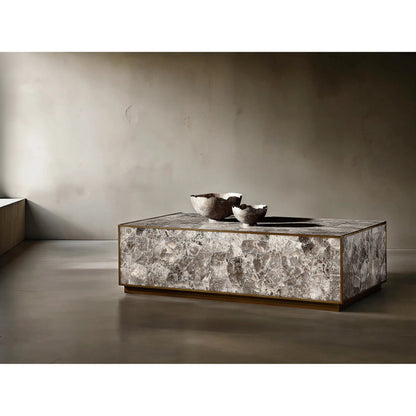 Tildon Cocktail Table by Bernhardt in smokey quartz, aged brass. Made from stone, metal in a modern style.