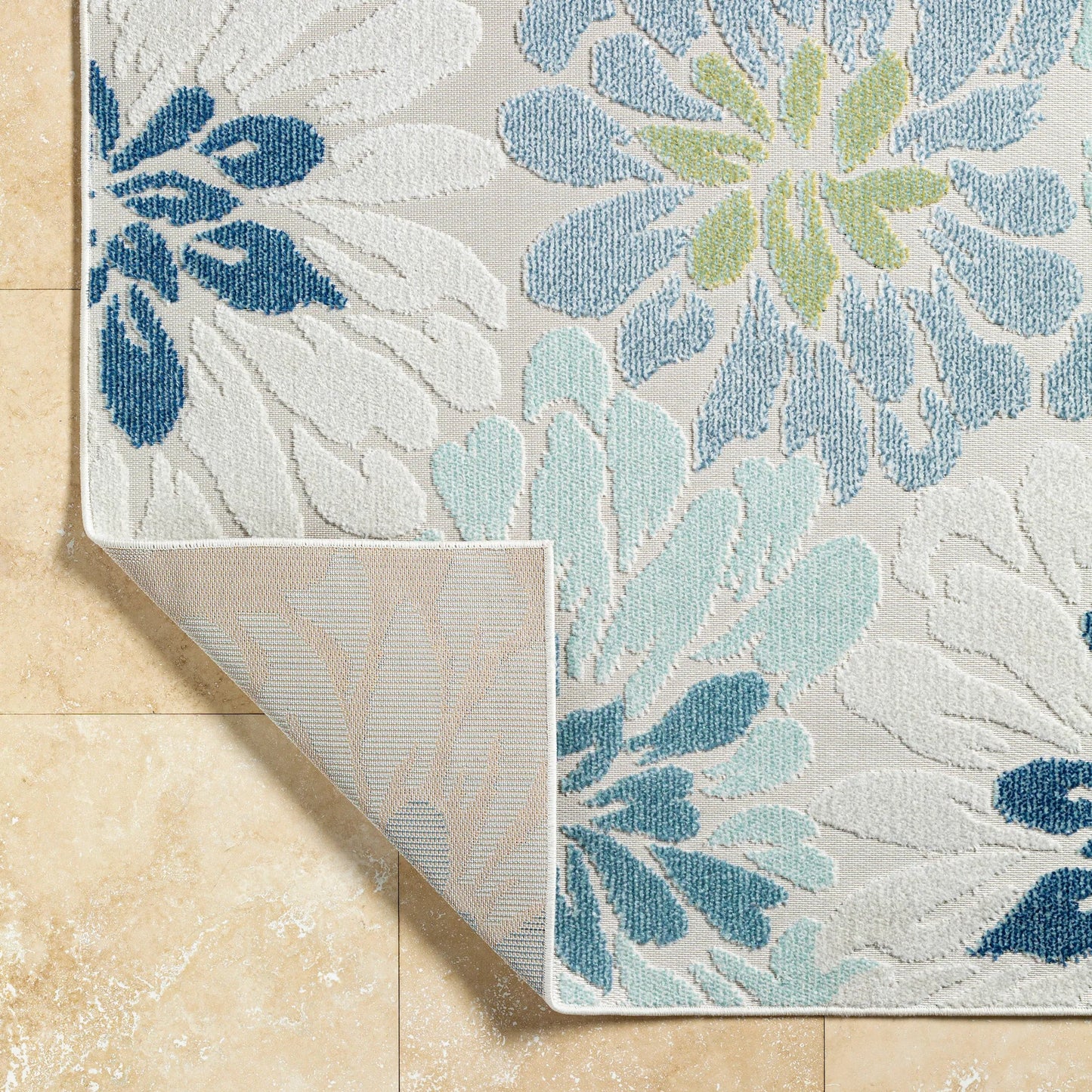 008 SI-2132293,SI-2132294,SI-2132295,SI-2132296 | Closeup | Lakeside LKD-2300 Indoor/Outdoor Rug by Livabliss in cream, light slate, pale blue, blue, dark blue, olive. Made from face: 100% polypropylene, warp: 100% polypropylene in a unique style.