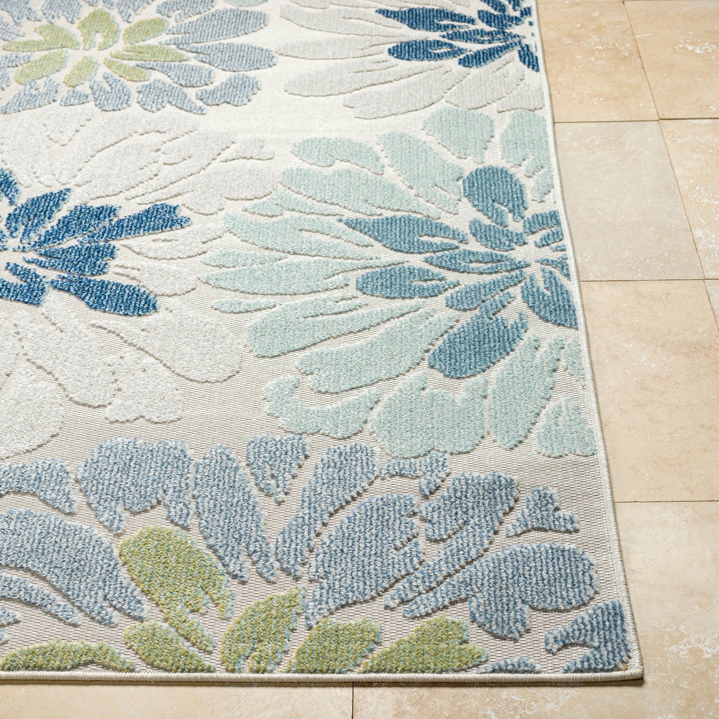 005 SI-2132293,SI-2132294,SI-2132295,SI-2132296 | Closeup | Lakeside LKD-2300 Indoor/Outdoor Rug by Livabliss in cream, light slate, pale blue, blue, dark blue, olive. Made from face: 100% polypropylene, warp: 100% polypropylene in a unique style.