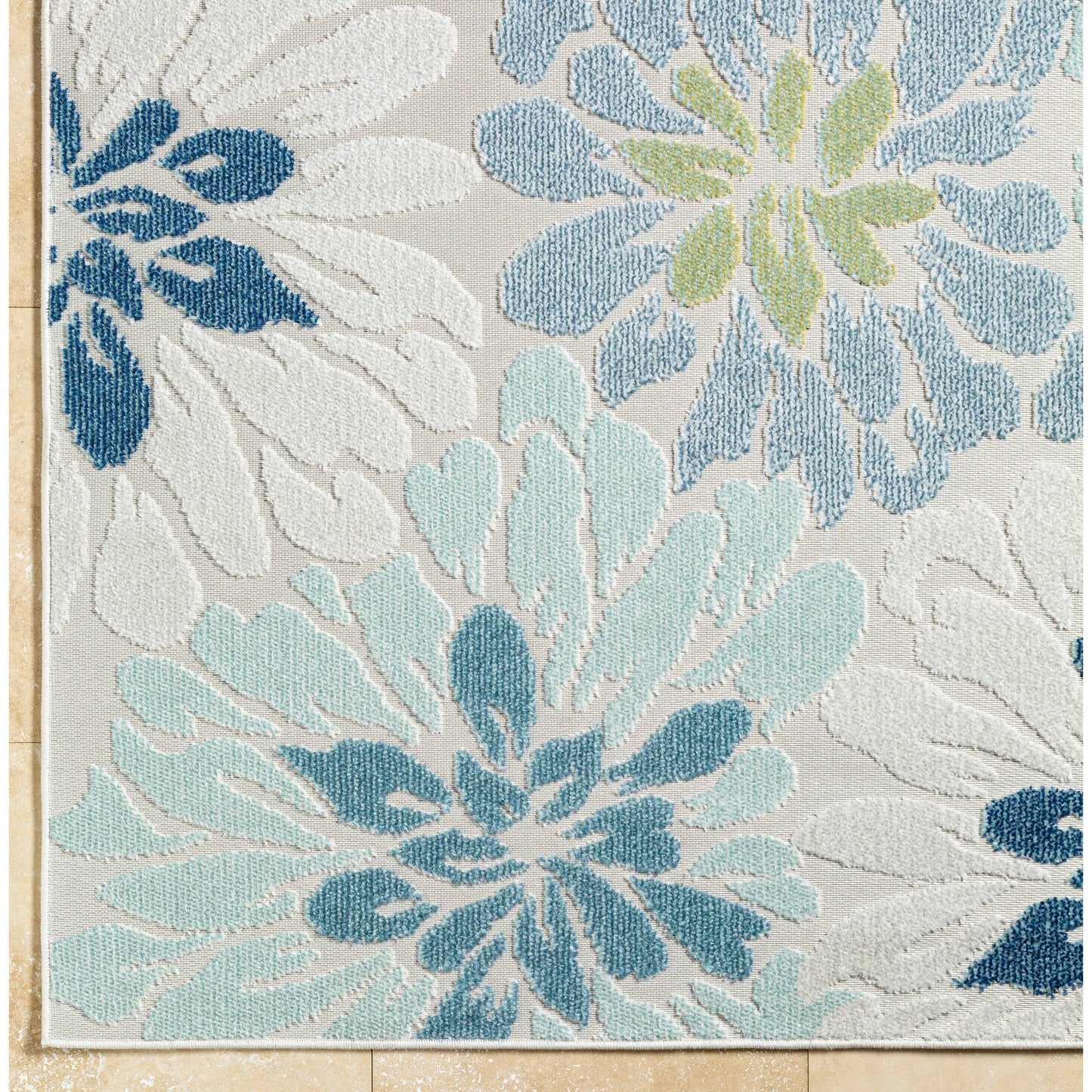 010 SI-2132293,SI-2132294,SI-2132295,SI-2132296 | Closeup | Lakeside LKD-2300 Indoor/Outdoor Rug by Livabliss in cream, light slate, pale blue, blue, dark blue, olive. Made from face: 100% polypropylene, warp: 100% polypropylene in a unique style.