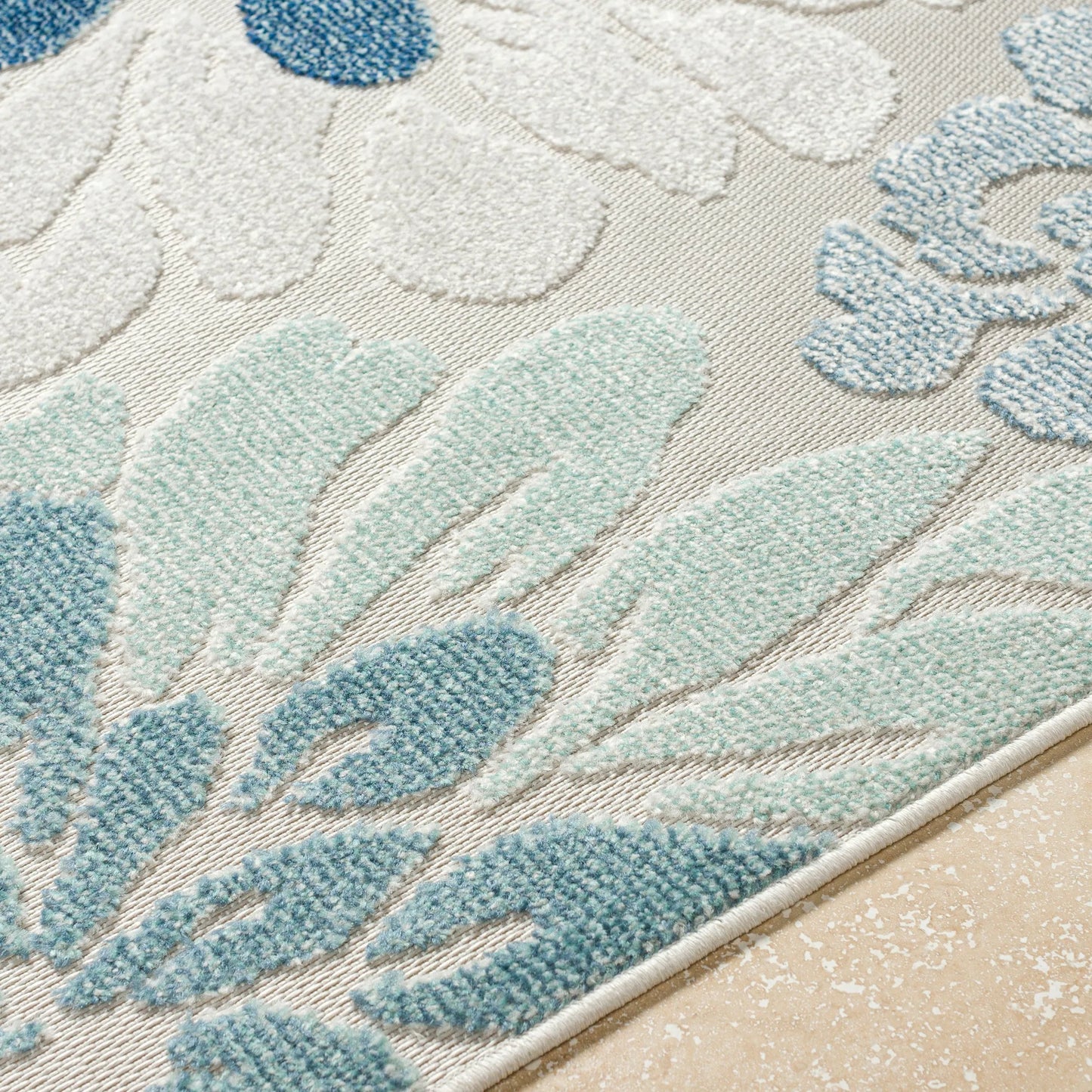 009 SI-2132293,SI-2132294,SI-2132295,SI-2132296 | Closeup | Lakeside LKD-2300 Indoor/Outdoor Rug by Livabliss in cream, light slate, pale blue, blue, dark blue, olive. Made from face: 100% polypropylene, warp: 100% polypropylene in a unique style.