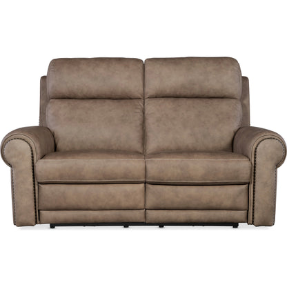 Duncan Power Loveseat by Hooker Furniture in kalahari bark. Made from leather, kalahari bark (semi-aniline top grain with splits) in a traditional style.