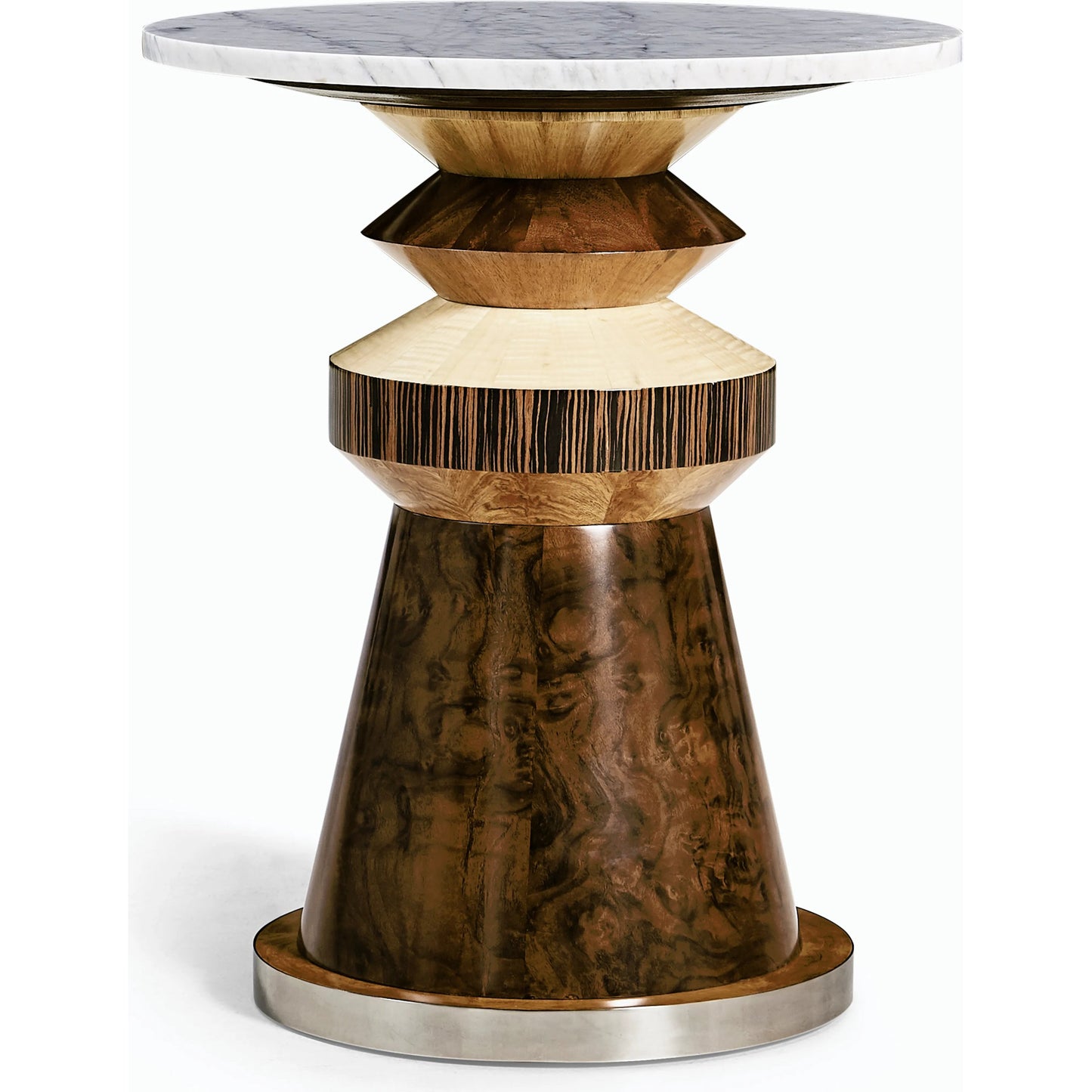 001 SI-2186360 | Primary Silo | Rook Round Accent Table by Jonathan Charles in brown and mingle mangle, carrera marble. Made from marble, stainless steel, veneers: walnut burl, cerajeira, ebony, maple, chestnut, eucalyptus in a modern style.