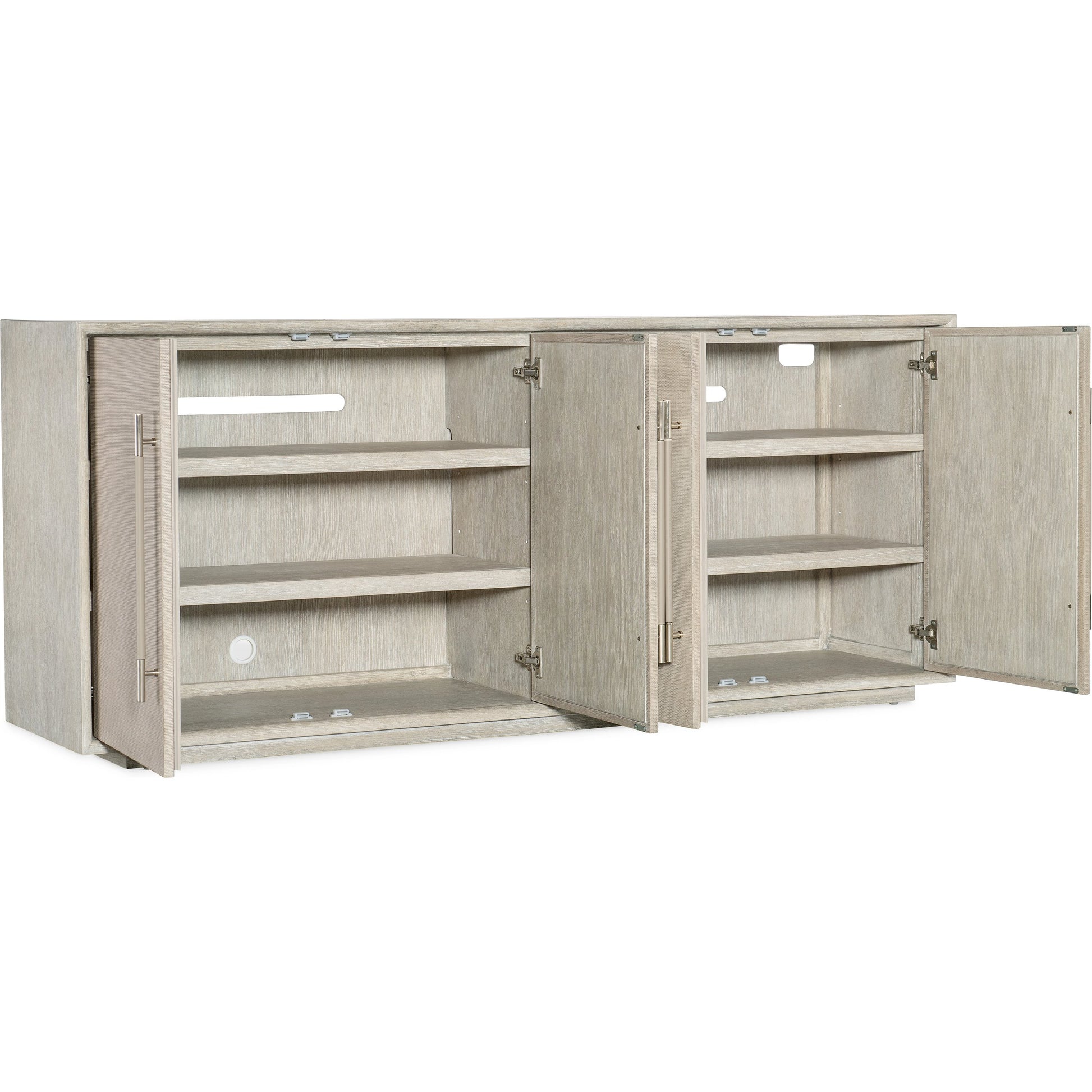 Modern Mood Entertainment Console by Hooker Furniture. Made from oak veneers, raffia in a modern style.