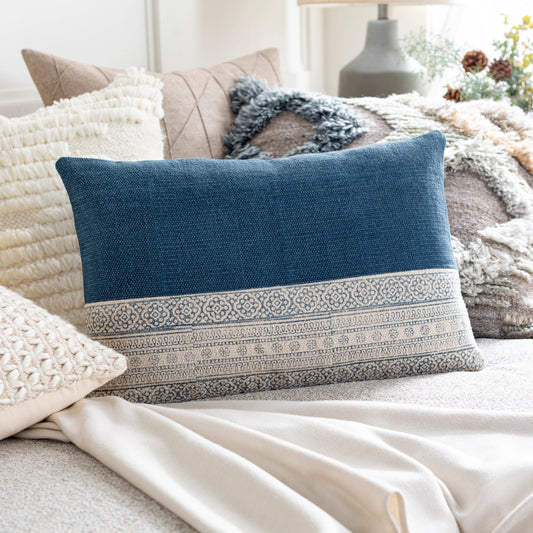 Lola Pillow - 10795 by Livabliss in pale blue, cream, navy. Made from 100% cotton in a eclectic & global style.