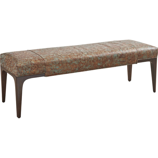 Savile Leather Bench by Lexington in brown, orange and dark brown. Made from walnut, fabric in a unique style.