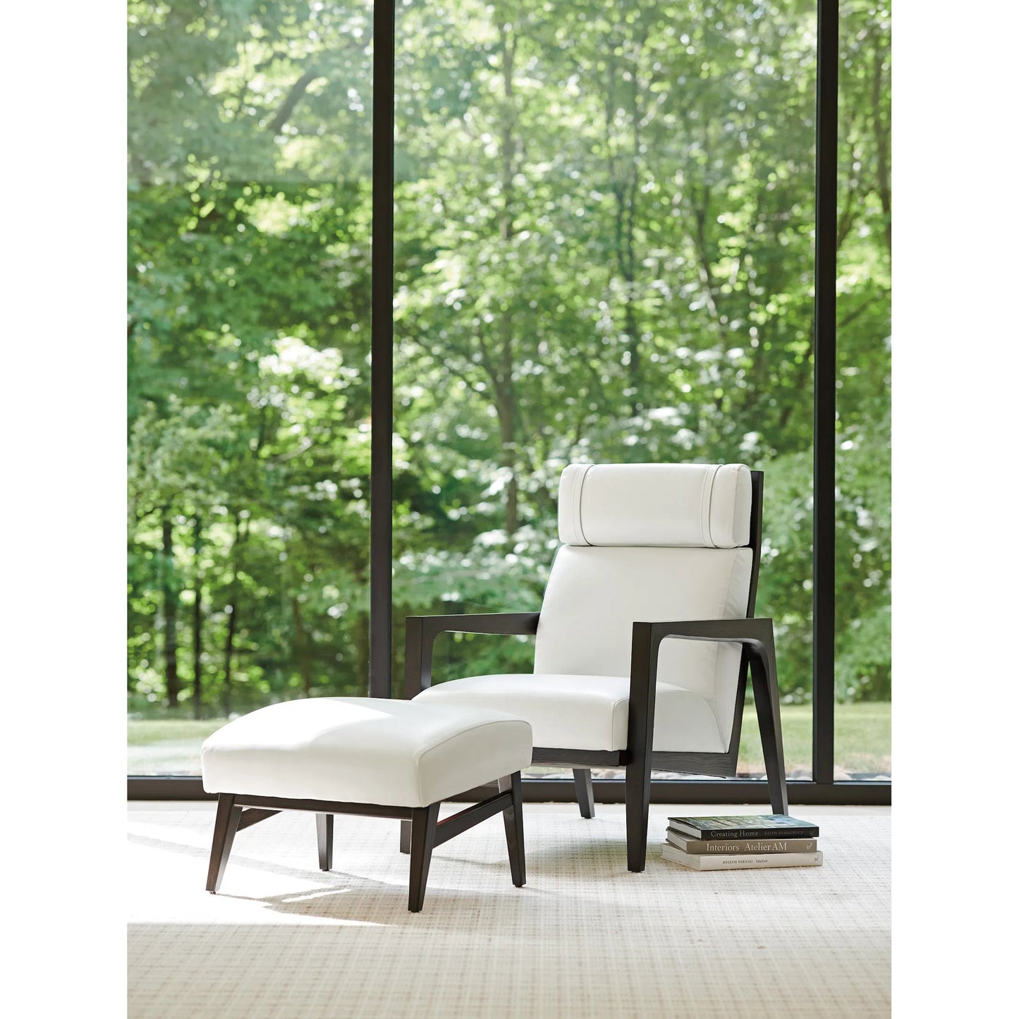 002 SI-2540640 | Lifestyle | Covina Leather Ottoman by Tommy Bahama Home in white, ivory and ebony. Made from hickory, leather in a unique style.