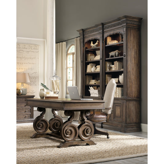 Rhapsody Writing Desk by Hooker Furniture in rustic walnut. Made from pecan, hickory, ash, black walnut, maple veneers with resin in a traditional style.