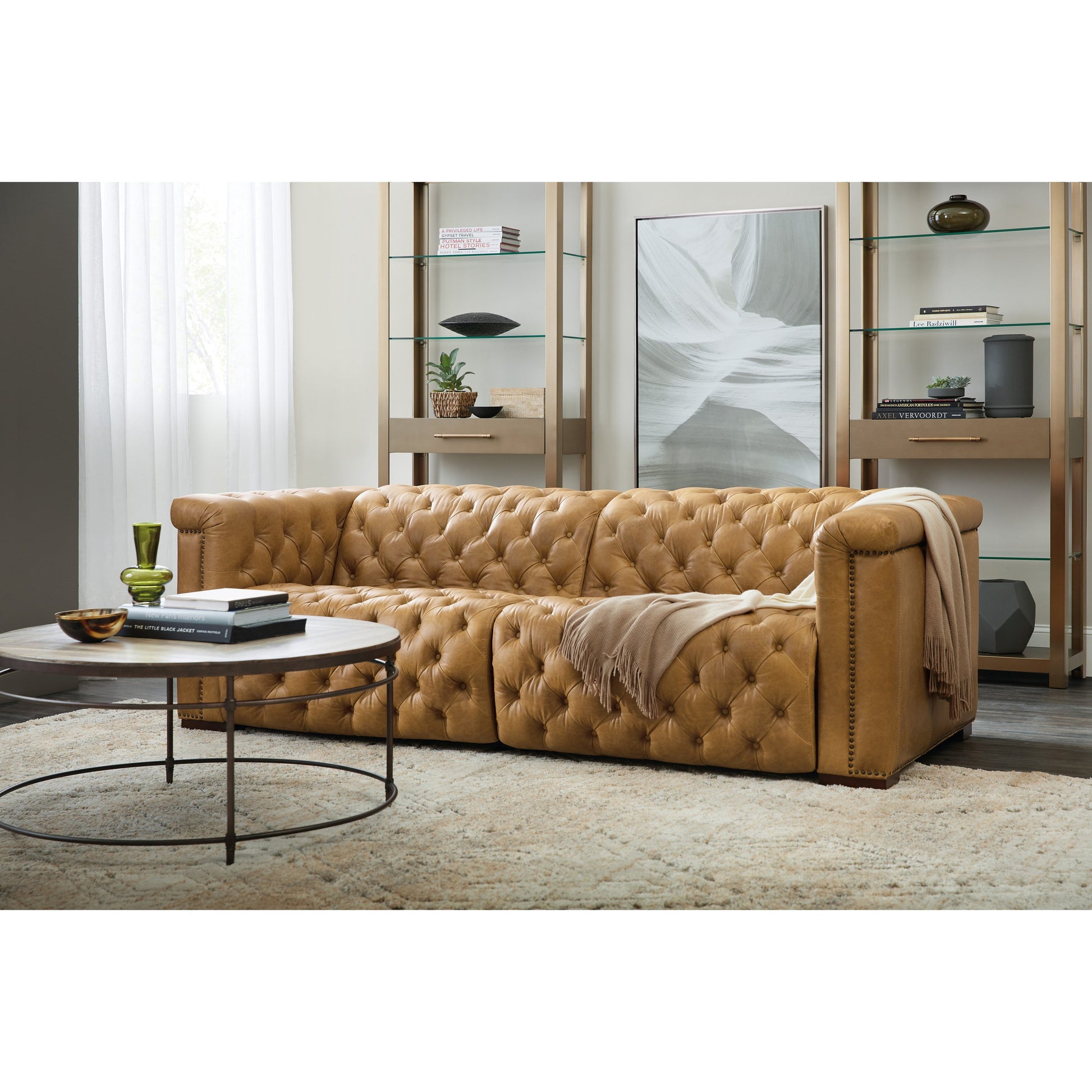 Savion Power Reclining Sofa by Hooker Furniture in brown. Made from leather in a modern style.