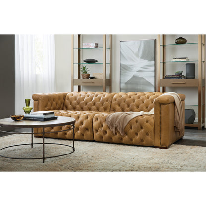 Savion Power Reclining Sofa by Hooker Furniture in brown. Made from leather in a modern style.
