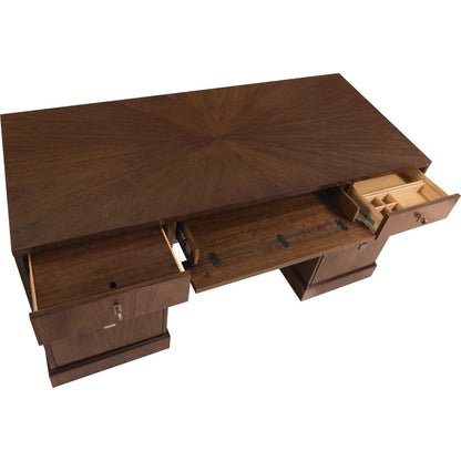 Archives Executive Desk by Hooker Furniture in classic walnut, walnut veneers. Made from leather, hair on hide leather, figured walnut veneers in a traditional style.