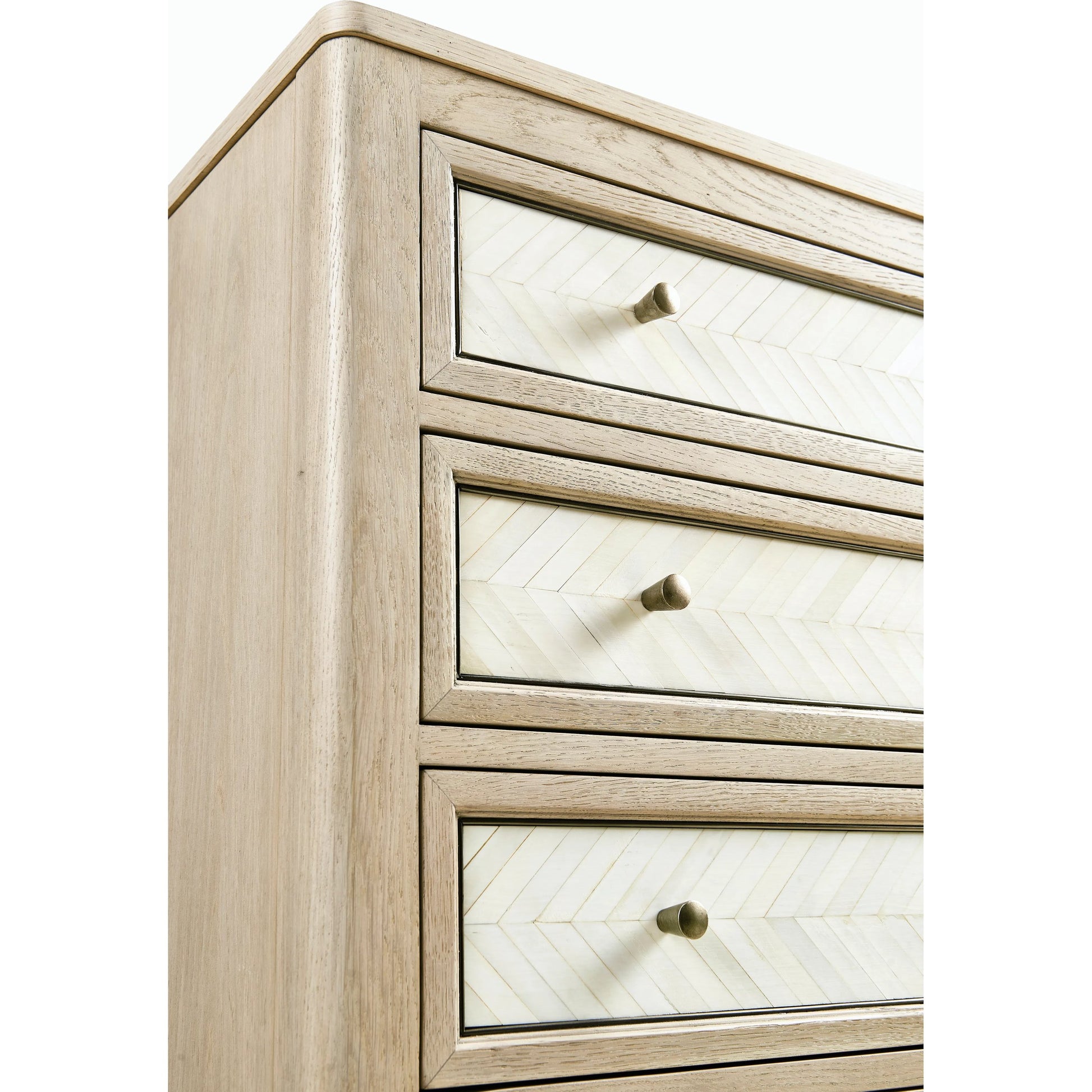 Water Berm Bachelors Chest by Jonathan Charles in bleached oak. Made from oak, faux bone, brass in a transitional style.