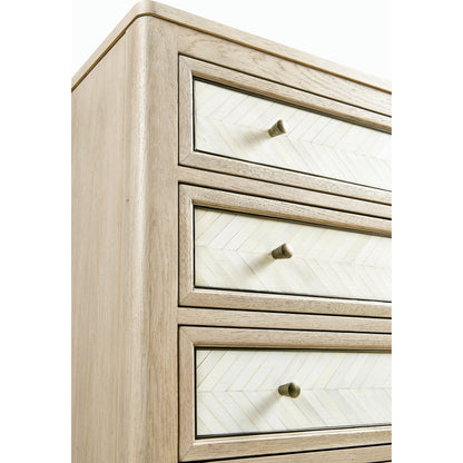 Water Berm Bachelors Chest by Jonathan Charles in bleached oak. Made from oak, faux bone, brass in a transitional style.