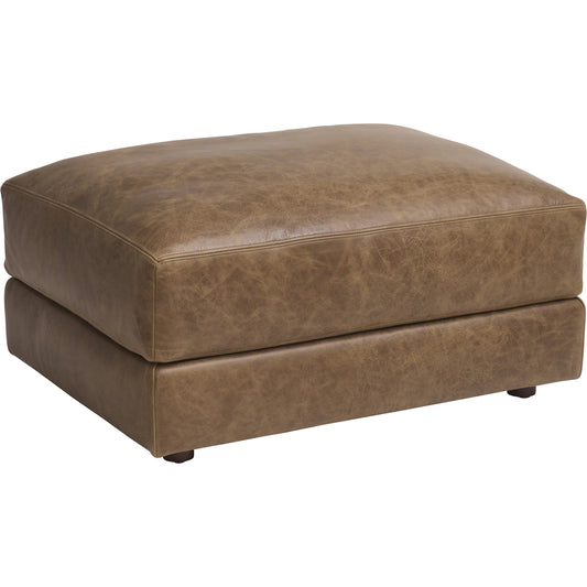 Millington Leather Ottoman by Barclay Butera in brown. Made from mahogany, leather in a unique style.
