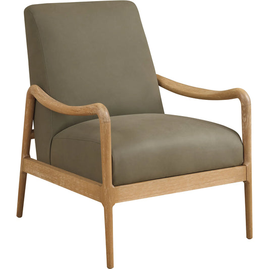 Gianna Leather Chair by Barclay Butera in green and tan. Made from mahogany, leather in a unique style.