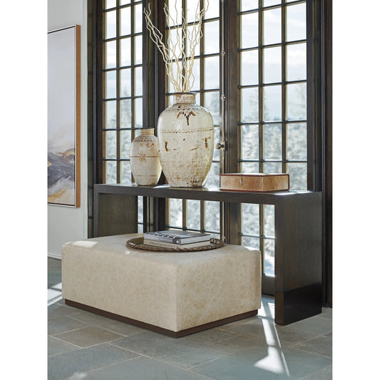 Sterling Leather Cocktail Ottoman by Barclay Butera in cream and dark brown. Made from mahogany, leather in a unique style.