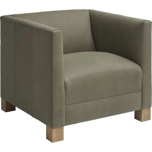 Chandler Leather Chair by Barclay Butera in green and tan. Made from mahogany, leather in a unique style.