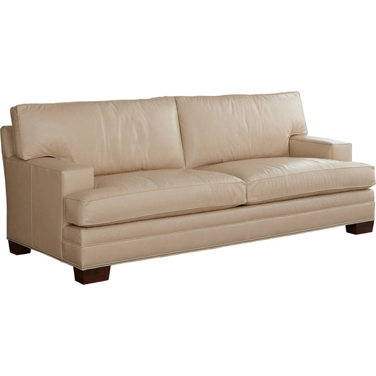 Tyson Leather Sofa by Lexington in tan and dark brown. Made from oak, leather in a unique style.