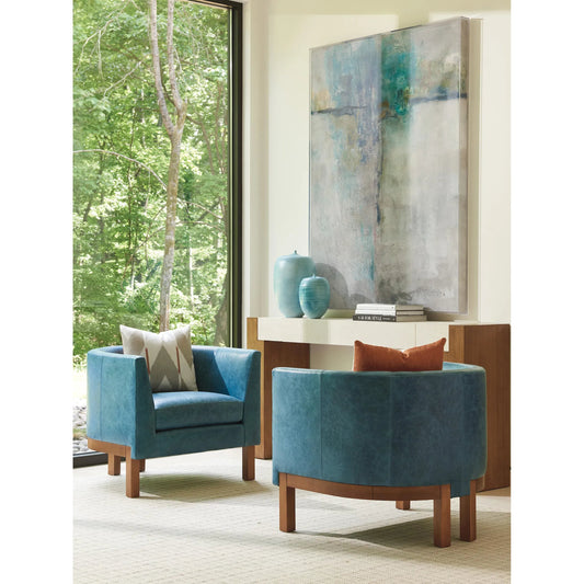Sonata Leather Chair by Tommy Bahama Home in blue and tan. Made from hickory, leather in a unique style.