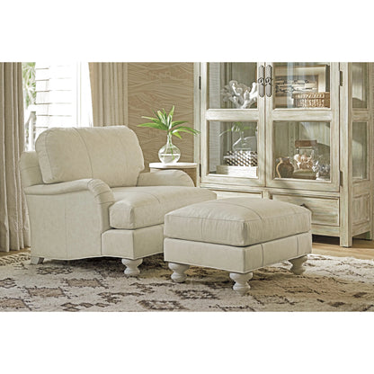 Gilmore Leather Ottoman by Tommy Bahama Home in white, ivory and white. Made from mahogany, fabric in a unique style.
