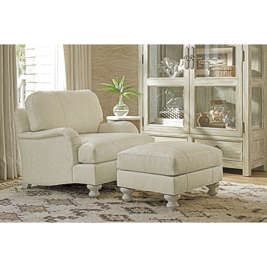 Gilmore Leather Ottoman by Tommy Bahama Home in white, ivory and white. Made from mahogany, fabric in a unique style.