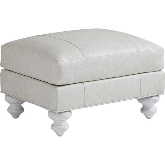 Gilmore Leather Ottoman by Tommy Bahama Home in white, ivory and white. Made from mahogany, fabric in a unique style.