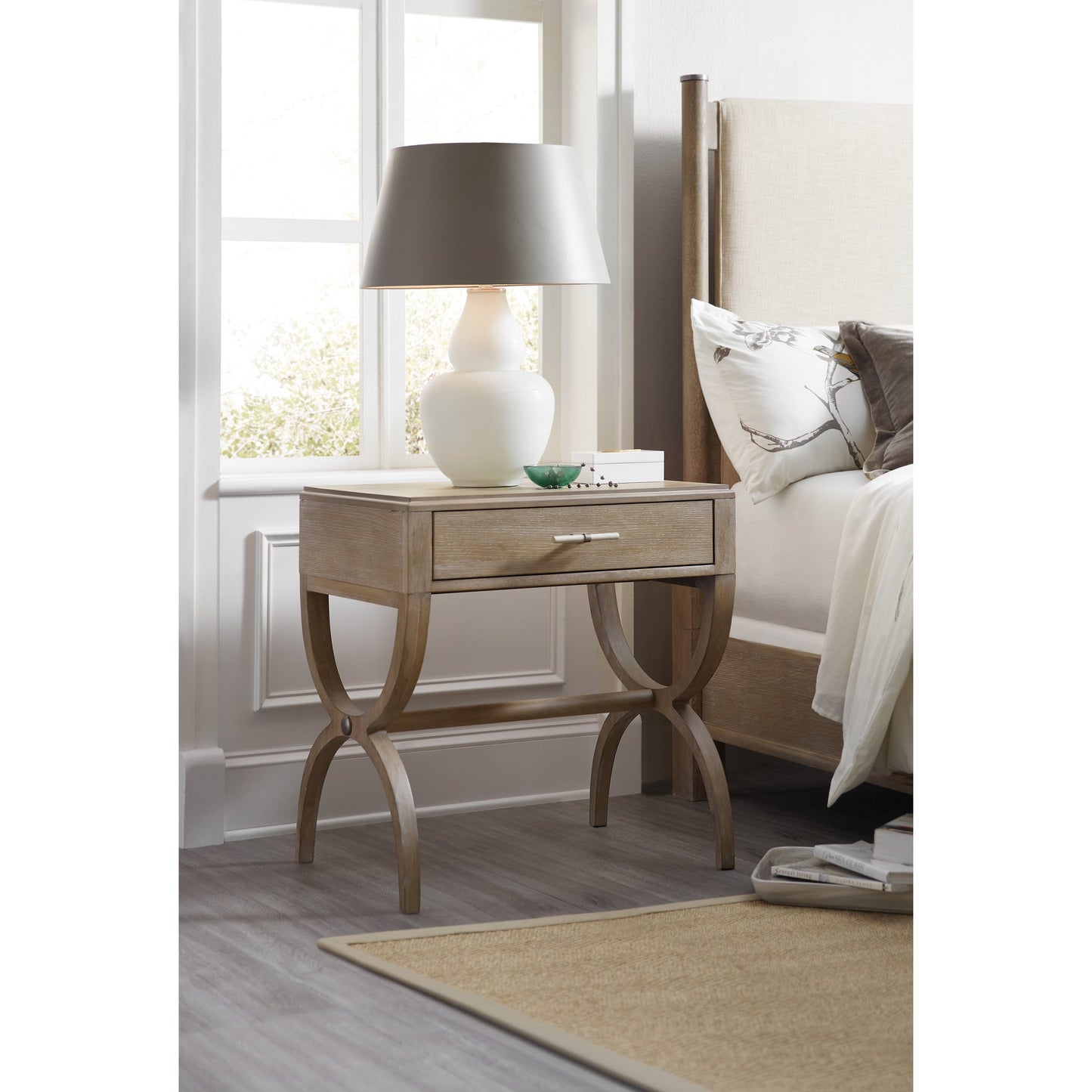 006 SI-1748206 | Lifestyle | Affinity Nightstand by Hooker Furniture in greige. Made from oak veneers in a coastal style.