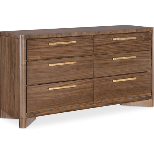 Eleana Dresser by Hooker Furniture in light caramel, quartered walnut veneers, sunlit bronze metal. Made from walnut veneers in a traditional style.