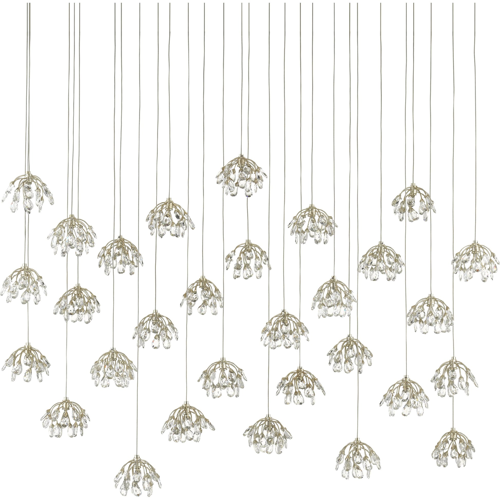 Crystal Bud Linear Pendant by Currey and Company in painted silver, contemporary silver leaf. Made from crystal, wrought iron in a transitional style.