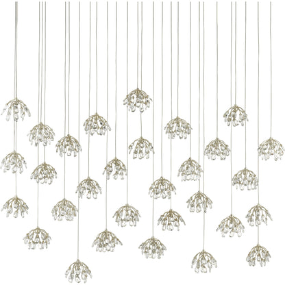 Crystal Bud Linear Pendant by Currey and Company in painted silver, contemporary silver leaf. Made from crystal, wrought iron in a transitional style.