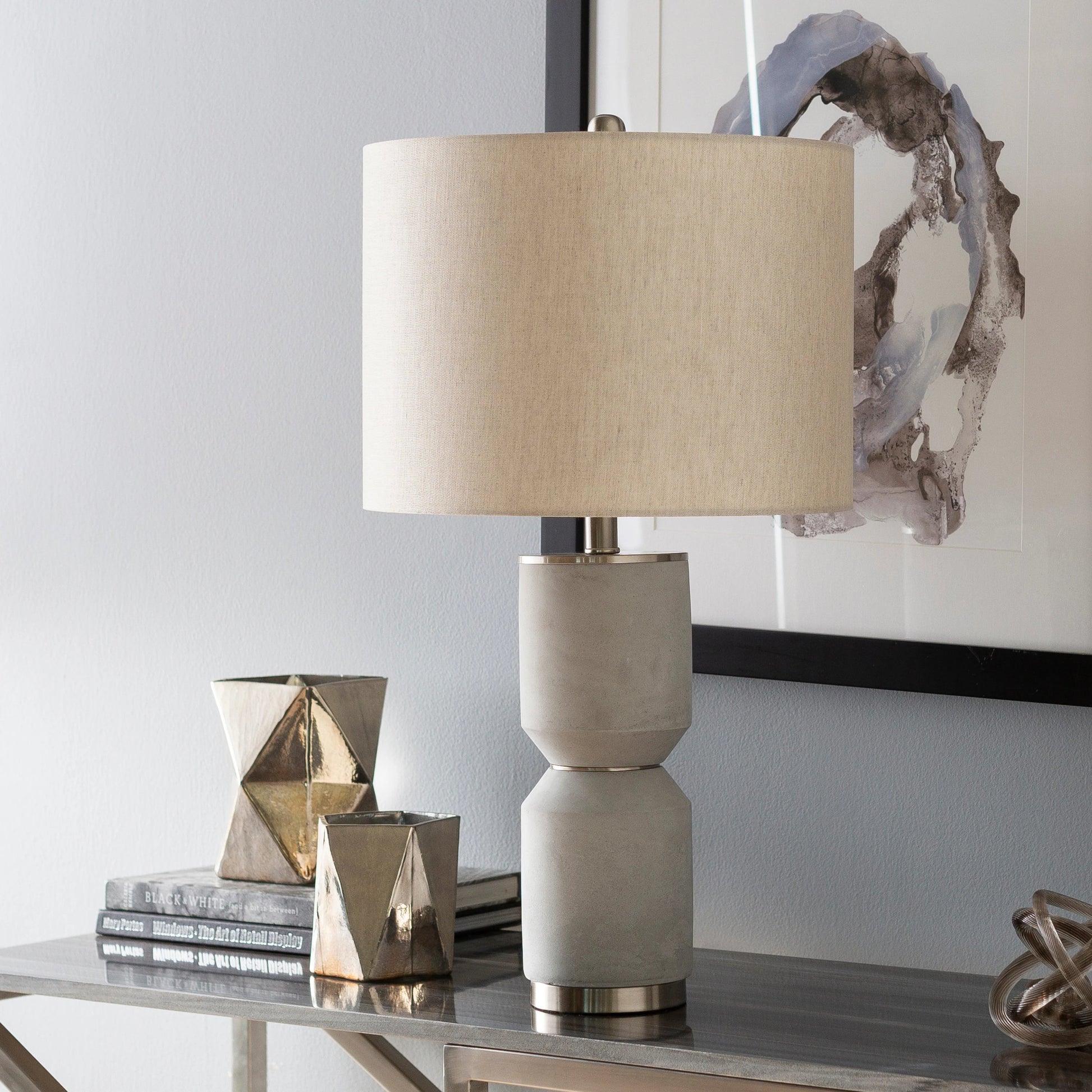 Wells - 22317 by Surya in light gray, translucent, metallic nickel, white and light gray. Made from linen, concrete, metal in a modern style.