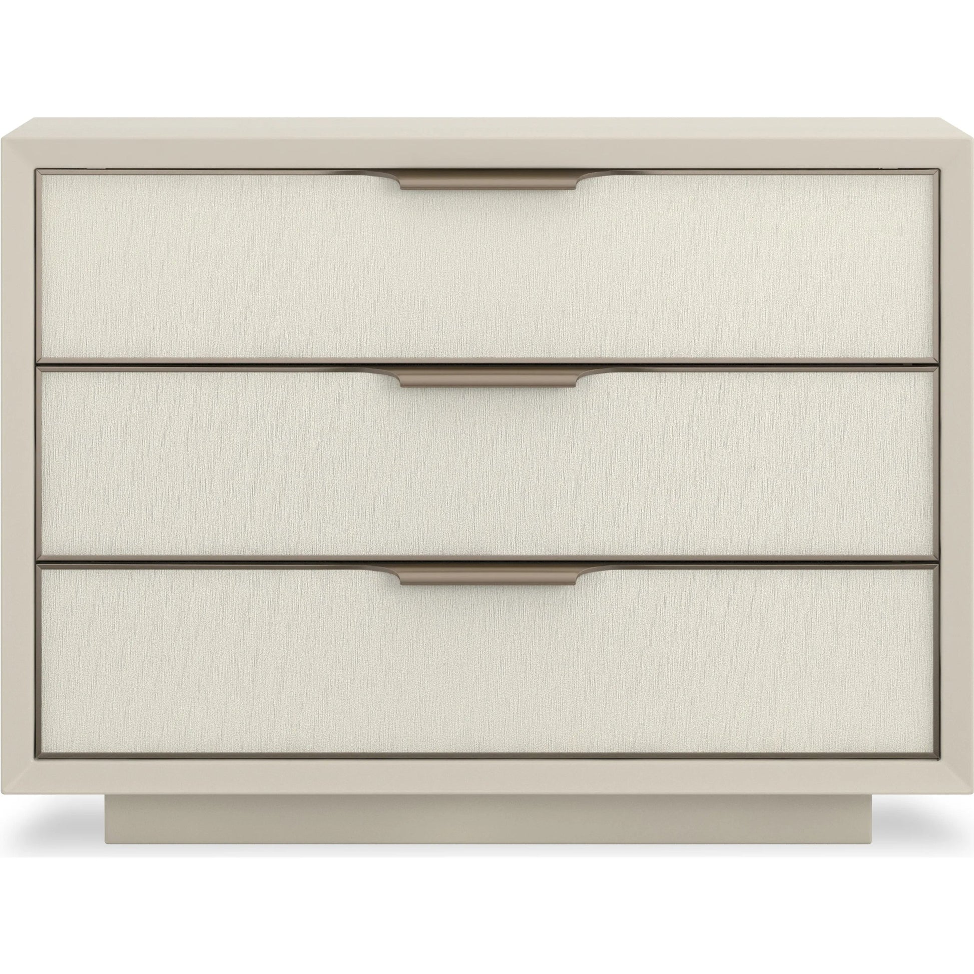 Triple Wrap 3-Drawer Nightstand by Caracole in almond milk, champagne gold. Made from asian hardwood in a transitional style.