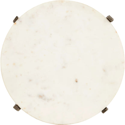 Micha Accent Table by Currey and Company in antique nickel, white. Made from cast aluminum, marble in a modern style.