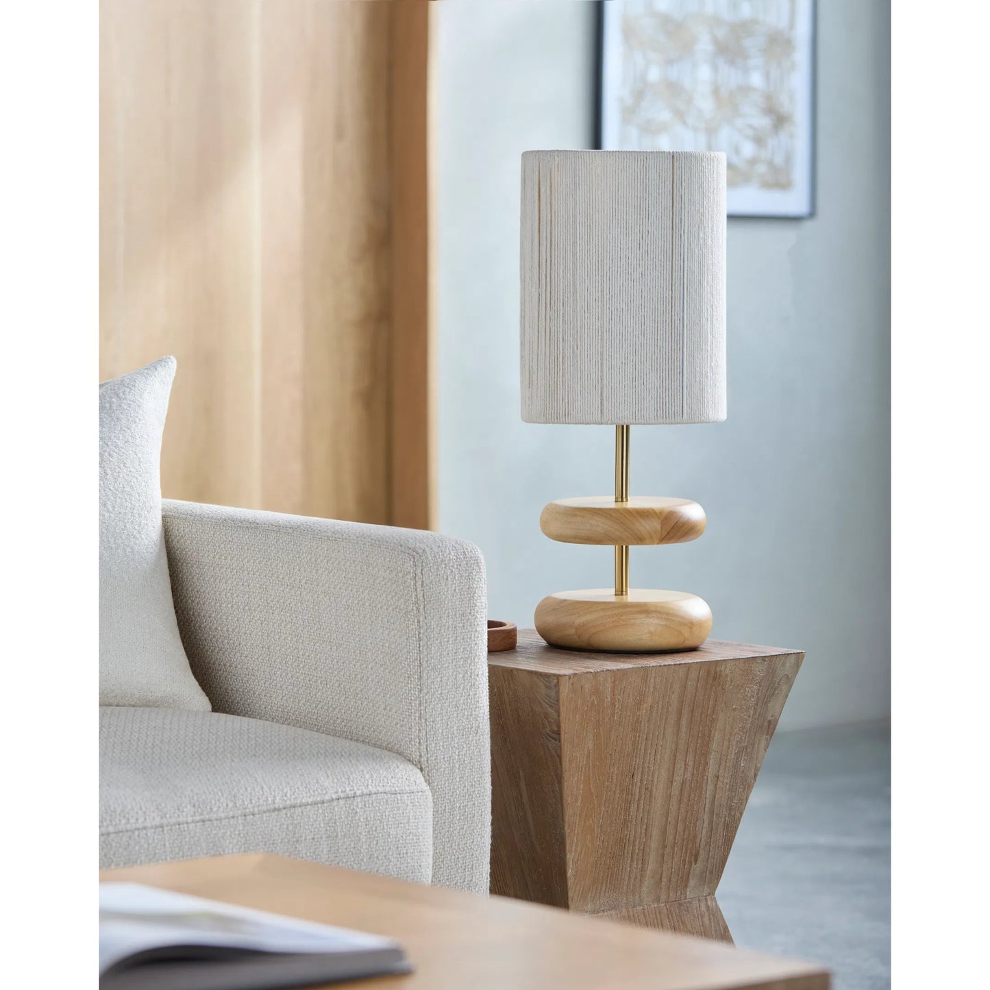 002 SI-2245972 | Lifestyle | Lombardi Accent Table Lamp 556767 by Livabliss in body: brown; shade: white; cord: translucent and painted. Made from beechwood, jute in a transitional style.