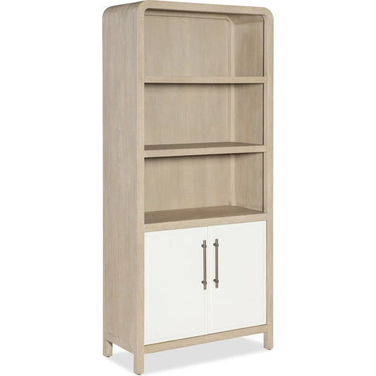 Brixton Bookcase by Hooker Furniture in light wood and pebble hue. Made from elm veneers in a unique style.