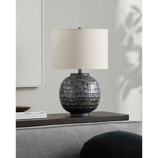 Lomo Accent Table Lamp 592011 by Surya in body: black; shade (outside): beige; shade (inside): white; finial: black; harp: black; cord: black and antiquedpainted. Made from iron, cotton, metal, mango wood in a unique style.