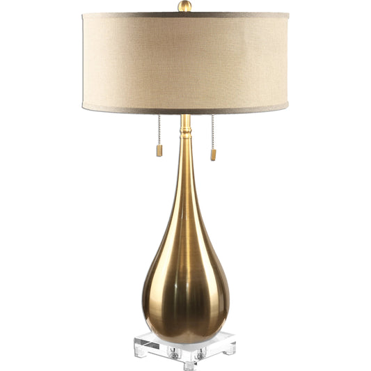 Lagrima Brushed Brass Lamp by Uttermost. Made from metal, crystal, fabric in a modern style.