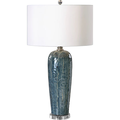 Maira Table Lamp by Uttermost in blue. Made from crystal, steel, ceramic in a modern style.