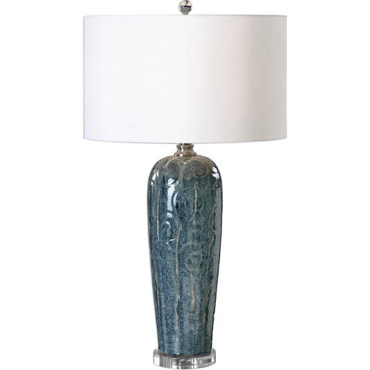 Maira Table Lamp by Uttermost in blue. Made from crystal, steel, ceramic in a modern style.