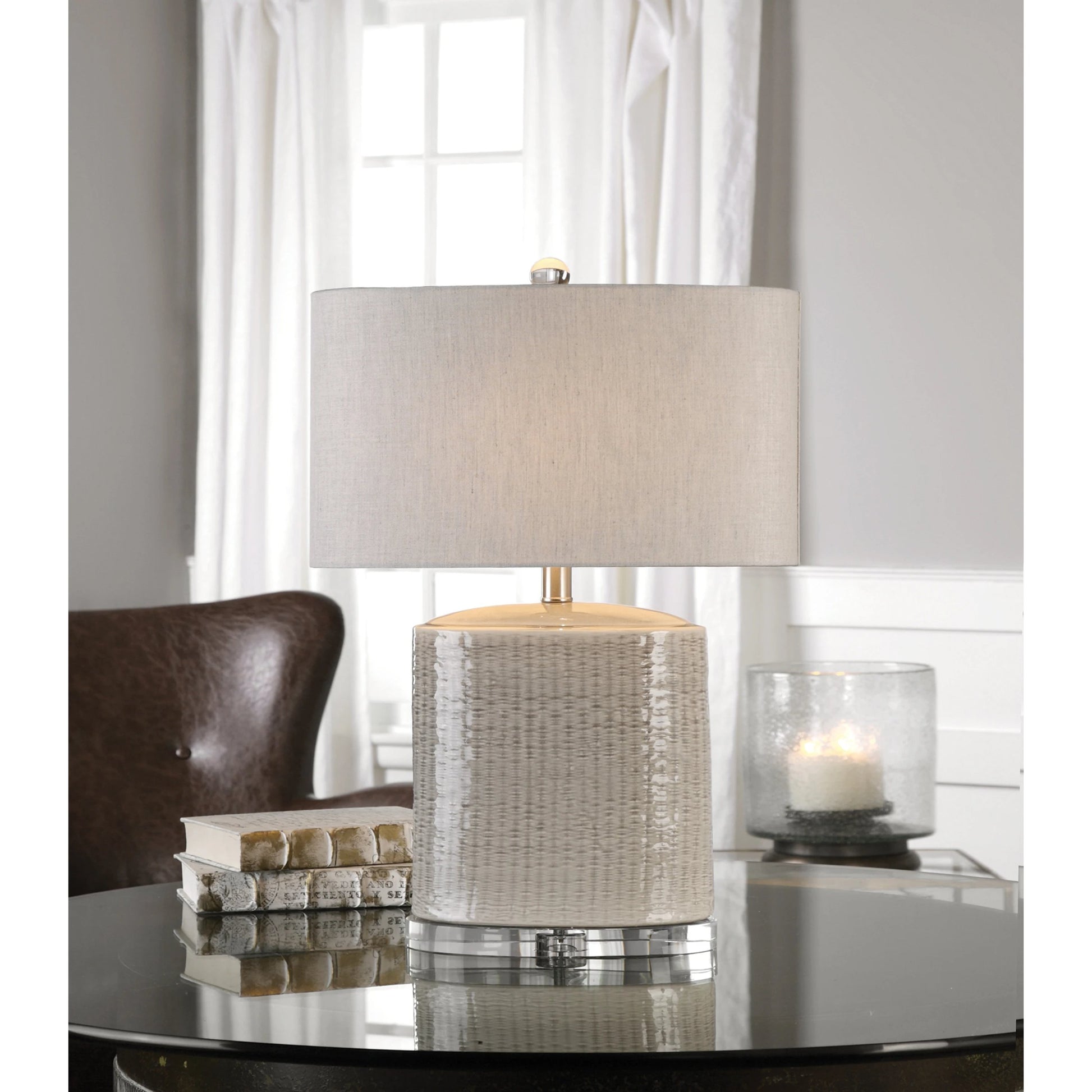 Modica Taupe Ceramic Lamp by Uttermost. Made from high temperature ceramic, crystal in a modern style.